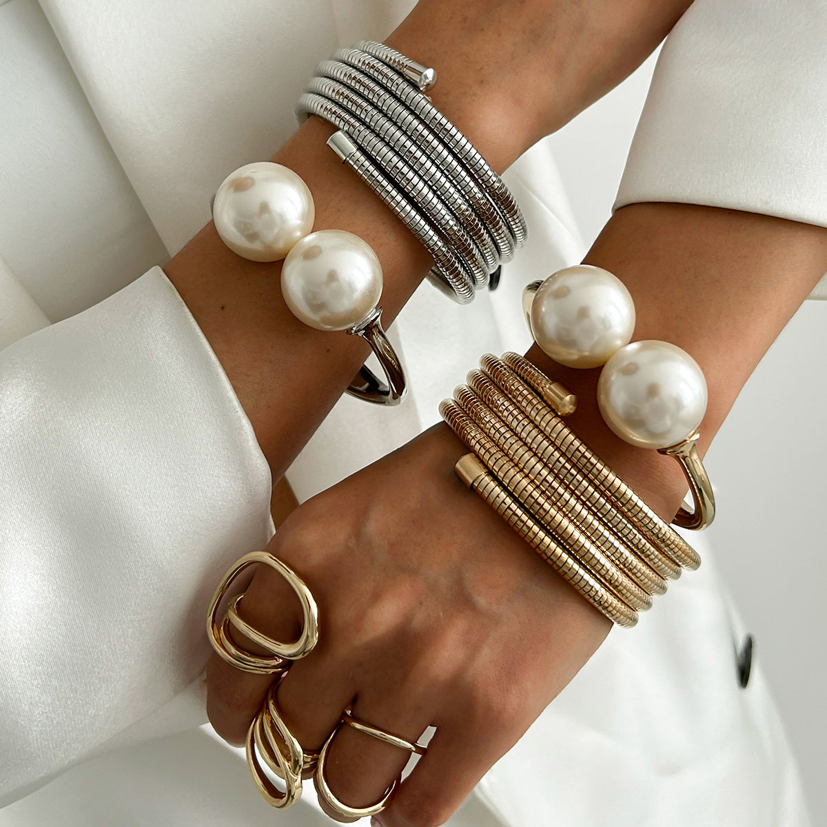 Layered Luxe Pearl Bangle Bracelet