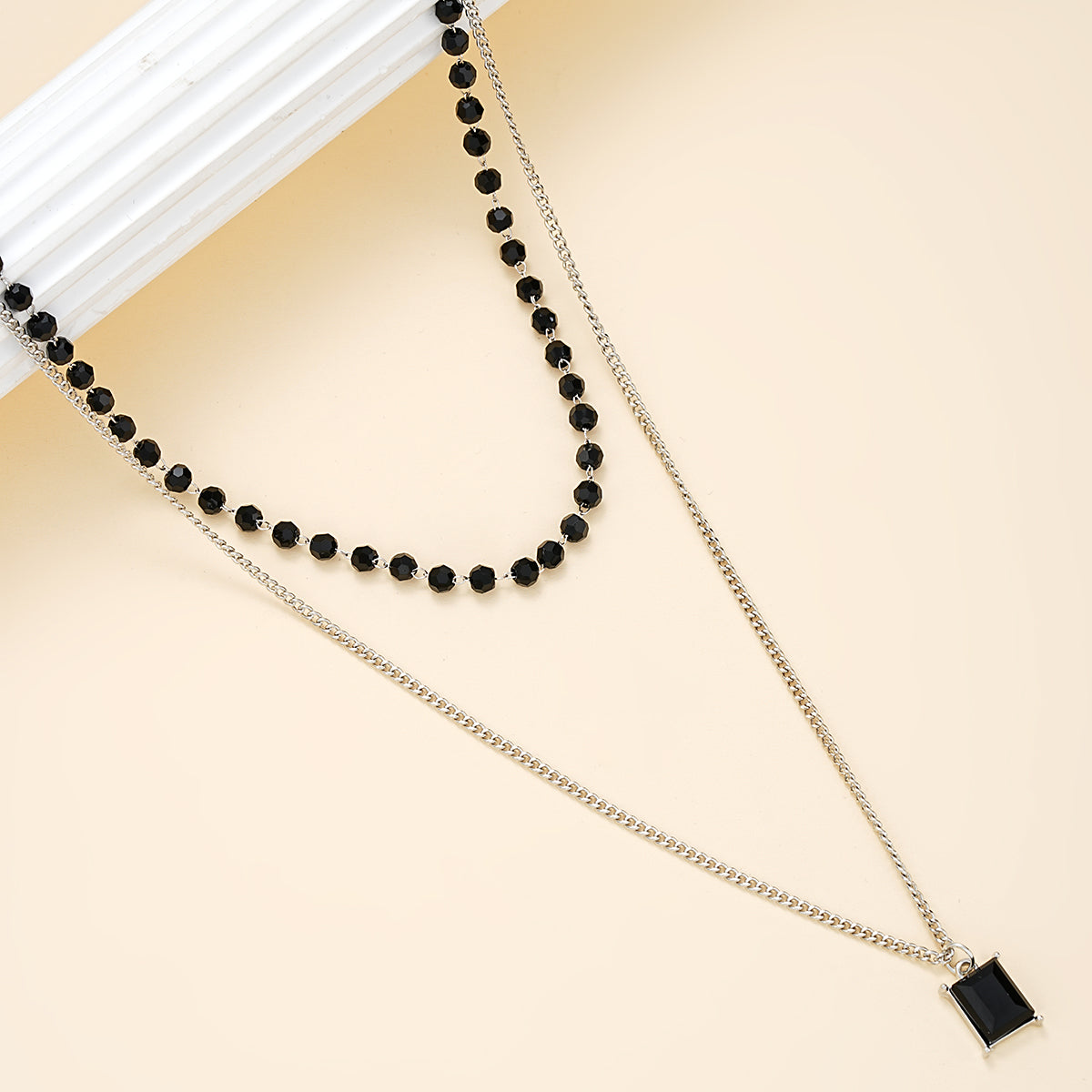 2pc Black Bead Square Pendant Necklace