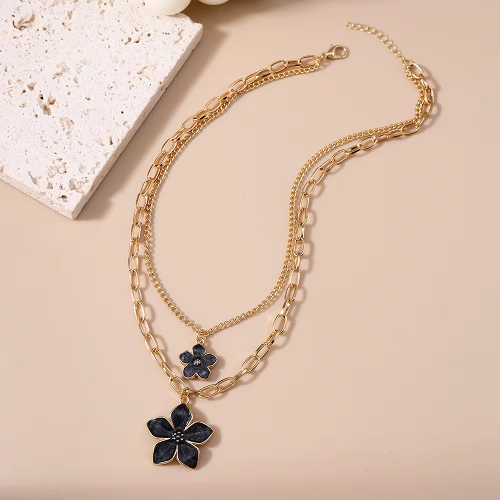 2pc Black Flower Necklace Set